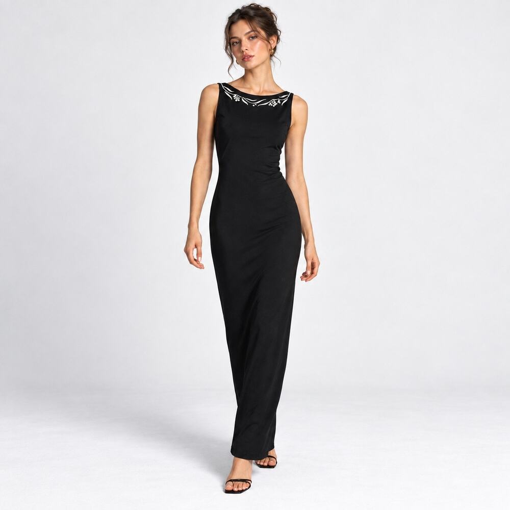 Vintage 90s 1001 Nights Black Backless Embroidered Maxi Dress 7/8